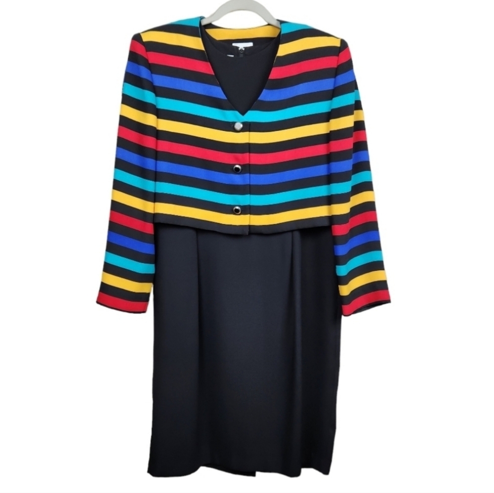 Leslie Fay Vintage Bold Rainbow Stiped Jacket and Dress Set Women's Size 12P - Picture 3 of 9